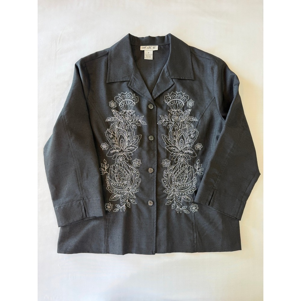 Vintage Black Floral Embroidered Blouse Jacket AKC Size 8 Button‎ Up Top